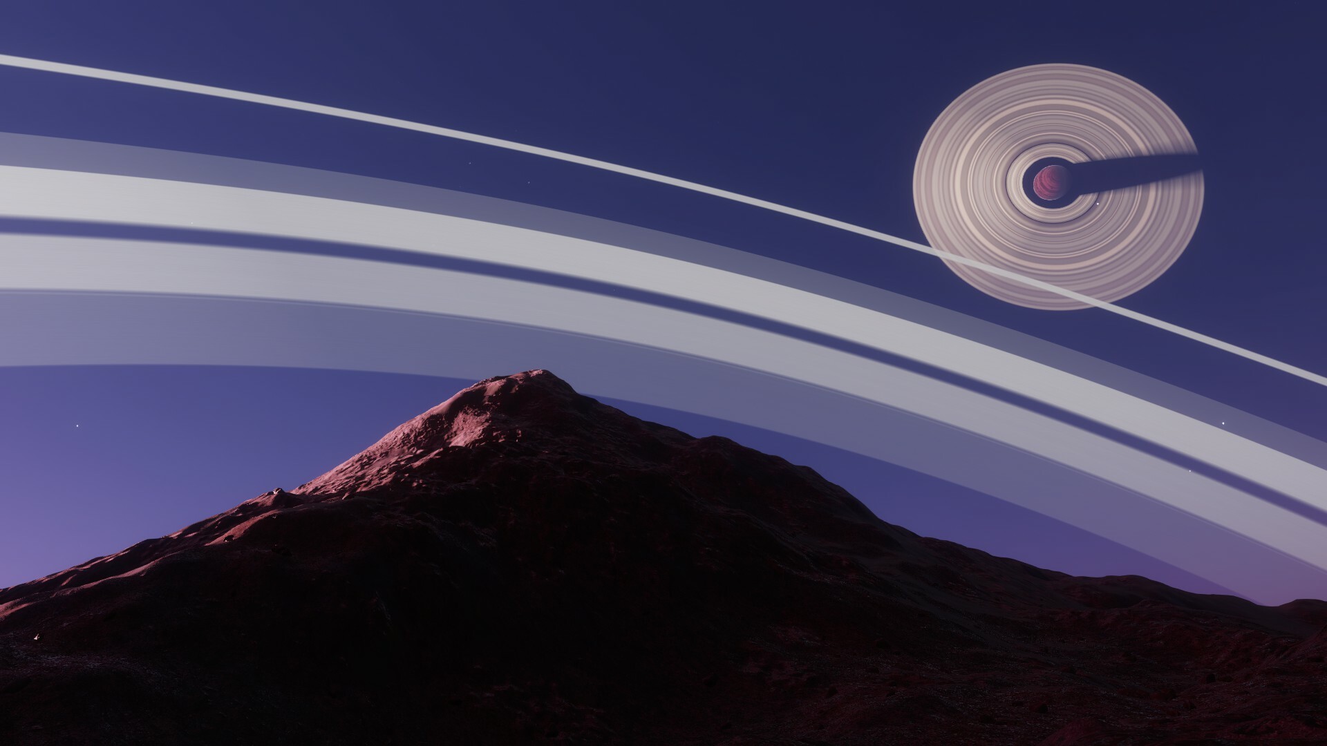 A mountain set against the backdrop of a purple sunset and ringed gas giant
