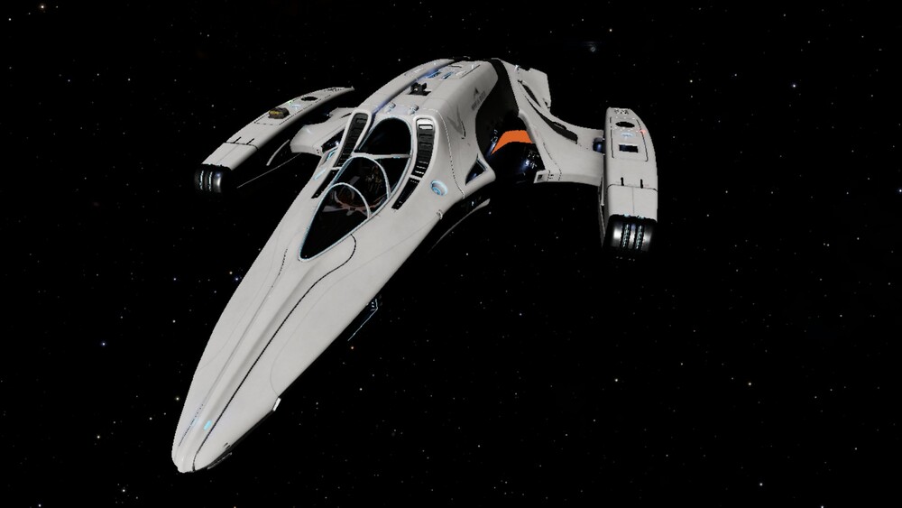 The Imperial Courier _Perpetual Devotion_, a sleek white starfighter.