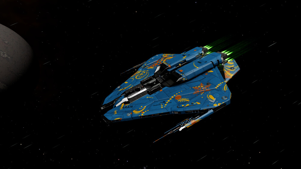 A Krait Mk2 starship with its classic flat lozenge shape. The hull is painted sky-blue, with festive swirls and snowflakes in yellow like a wrapped Christmas present.